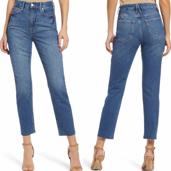 New Good American Slim Straight High Rise Raw Hem Ankle Jeans Blue Size 2 / 26 - Picture 1 of 16